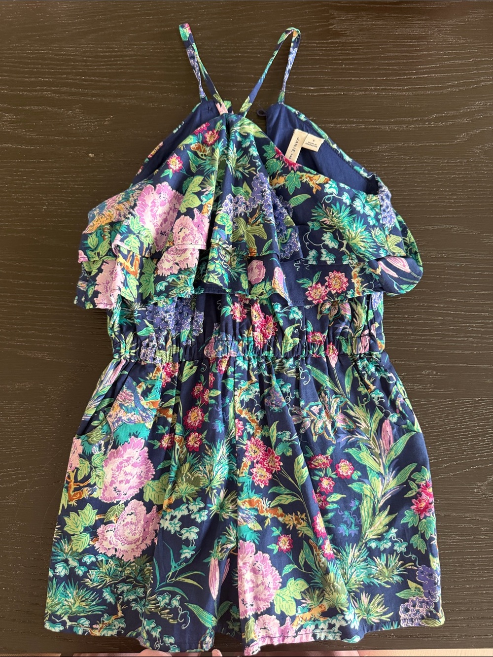 Janie and Jack Navy Floral Ruffle Romper with Pink & Green Blooms